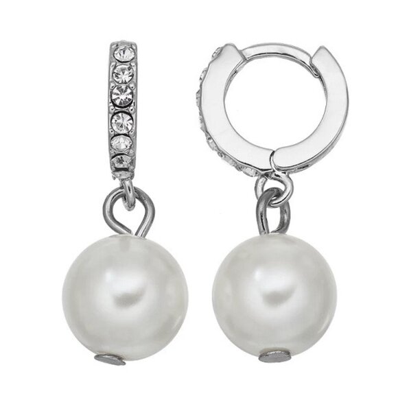 VERA WANG Mod/Contemporary Silver Clear Crystal White Pearl Drop Hoop Earrings - Picture 1 of 2